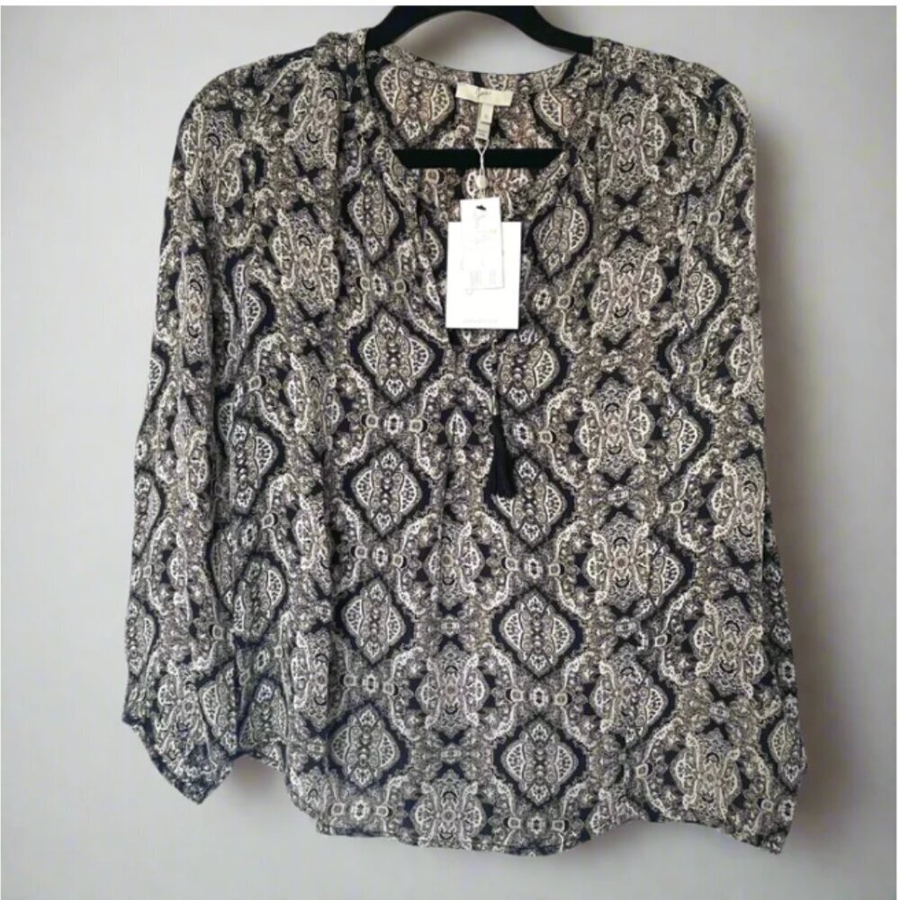 Joie Silk Shirt Womens Small Black V-Neck Long Sleeve Paisley Tassels Calla Top